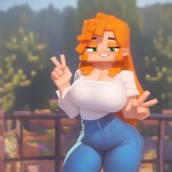 1girls ai_generated ai_slop alex_(minecraft) big_breasts breasts female jeans minecraft nude peace_sign round_breasts sexy