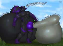 4_toes 5_fingers anal anal_sex animal_genitalia animal_penis anthro anthro_on_anthro anthro_penetrated anthro_penetrating anthro_penetrating_anthro balls big_balls black_balls black_claws black_hair black_nose bodily_fluids canid canine canine_genitalia canine_penis canis claws cloud cum cum_ballooning cum_inside day dipstick_tail duo eyebrows feet fingers forest fox friztwolf fur genital_fluids genitals gloves_(marking) hair hand_on_balls hi_res huge_balls hyper hyper_balls hyper_genitalia inflation knot knotted_penis larger_male leg_markings living_condom macro male male/male male_penetrated male_penetrating male_penetrating_male mammal markings multicolored_body multicolored_fur muscular muscular_anthro muscular_male navel outside penetration penis plant purple_eyebrows purple_penis sex shaded size_difference smaller_male socks_(marking) stripes tail tail_markings toes tree wolf