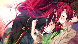 blood blush braid breasts censored closed_eyes cum female game_cg gem jewel long_hair luce_yami_asutarite magical_marriage_lunatics!! penis red_hair yamakaze_ran