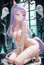absurdres ai_generated animal_ears aqua_bow aqua_ribbon bandaged_arm bandaged_leg bandages bangs bare_shoulders bare_tree barefoot bat_(animal) between_legs blush bow breasts chest_sarashi cleavage closed_mouth collarbone ear_bow ear_ribbon embarrassed feet female full_body ghost graveyard halloween hand_between_legs highres horse_ears horse_girl horse_tail indoors kneeling legs long_hair looking_to_the_side medium_breasts mejiro_mcqueen_(umamusume) mummy_costume naked_bandage niraniri purple_eyes purple_hair ribbon sarashi sitting solo swept_bangs tail thighs toenails toes tombstone tree umamusume underboob v_arms window