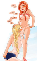 2girls anna_(frozen) blonde_hair blue_eyes blush bra bra_lift braid breasts cunnilingus disney elsa_(frozen) female female_only frozen_(film) fuyuu_seibutsu human incest licking_pussy_juice long_hair multiple_girls nipples open_mouth oral orange_hair pussy_juice saliva siblings sisters sweat tanline waist_grab yuri