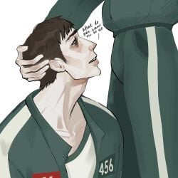 before_sex boner_in_pants boner_under_clothes crotch holding_head kneeling kneeling_position seong_gi-hun squid_game