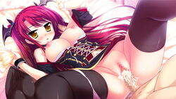 bed black_legwear blush breasts breasts_out censored cum cum_in_pussy dress female game_cg long_hair looking_at_viewer luce_yami_asutarite lying magical_marriage_lunatics!! nipples on_back open_mouth panties panties_around_leg penis pillow pink_panties pussy red_hair sex spread_legs thighhighs underwear vaginal_penetration yamakaze_ran yellow_eyes