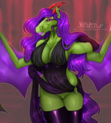 anthro bodily_fluids clothing ear_piercing ear_ring equid equine eyelashes eyeshadow female female_anthro front_view genital_fluids glistening glistening_eyes green_body hair hi_res horn huskii-s lips long_hair looking_at_viewer makeup mammal membrane_(anatomy) membranous_wings narrowed_eyes nipples piercing purple_eyeshadow purple_hair purple_lips purple_wings pussy red_eyes red_horn ring_piercing signature solo standing text translucent translucent_clothing translucent_topwear url vaginal_fluids wings