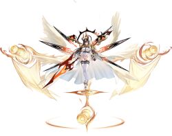 ass_visible_through_thighs azur_lane black_background black_hair breasts brown_hair cape cg covered_navel female floating floating_object floating_weapon full_body gloves groin halo highleg highleg_leotard holding holding_sword holding_weapon horns huge_weapon large_breasts leotard long_hair looking_at_viewer lyme_(azur_lane) mechanical_wings multi_wing official_art simple_background solo sword thighhighs weapon white_cape white_gloves white_leotard white_thighhighs wings