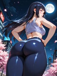 1girls ai_generated big_ass big_breasts black_hair blush blushing breasts camel_toe cameltoe city city_background dark_blue_hair female hinata_hyuuga hyuuga_hinata legging leggings long_hair moon moonlight naruto naruto_(series) naruto_shippuden night night_sky sakura_tree tank_top woan