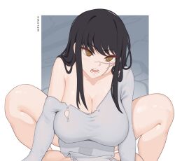 1boy absurdres artist_name black_hair breasts brown_eyes chainsaw_man cleavage commentary covered_penetration cowgirl_position english_commentary female highres large_breasts long_hair looking_at_viewer male melowh open_mouth pelvic_curtain pov scar scar_on_face see-through_clothes sex single_bare_shoulder single_off_shoulder straddling straight torn_clothes yoru_(chainsaw_man)