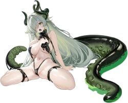 azur_lane bare_shoulders black_background black_panties breasts cameltoe cg colored_tongue female full_body green_eyes green_hair green_horns grey_hair hair_over_one_eye hand_on_own_chest highleg horns large_breasts long_hair looking_at_viewer navel official_art open_mouth panties royal_james_(azur_lane) royal_james_(the_forbidden_slurp)_(azur_lane) simple_background sitting skindentation solo spread_legs stomach suction_cups swimsuit tail tentacle thigh_strap thighs underwear very_long_hair wariza