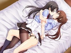 aida_takanobu bed black_hair blush brown_hair female french_kiss hikawa_narumi inatori_akira multiple_girls panties pantyhose sono_hanabira_ni_kuchizuke_wo yuri