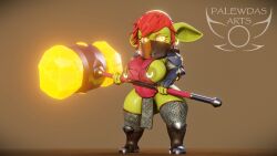 16:9 3d_(artwork) 4_fingers amber_eyes areola armor ass belly bevor big_breasts big_butt big_ears biped blush boots breasts chainmail clothed clothing digital_media_(artwork) ear_piercing ear_ring exposed_breasts faceplate fantasy female female_humanoid fingers footwear giant_hammer goblin goblin_female green_body hair hammer hi_res holding_object holding_weapon humanoid impractical_armor maul mina_(palewdasarts) mouthplate nipple_piercing nipples oversized_weapon paladin palewdas_arts palewdasarts_(modeler) piercing red_hair ring_piercing shoes short_stack shortstack slightly_chubby solo tagme thick_thighs tools unconvincing_armor weapon