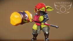 16:9 3d_(artwork) 4_fingers amber_eyes areola armor ass belly bevor big_breasts big_butt big_ears biped blush boots breasts chainmail clothed clothing digital_media_(artwork) ear_piercing ear_ring exposed_breasts faceplate fantasy female female_humanoid fingers footwear giant_hammer goblin goblin_female green_body hair hammer hi_res holding_object holding_weapon humanoid impractical_armor maul mina_(palewdasarts) mouthplate nipple_piercing nipples oversized_weapon paladin palewdas_arts palewdasarts_(modeler) piercing red_hair ring_piercing shoes short_stack shortstack slightly_chubby solo tagme thick_thighs tools unconvincing_armor weapon