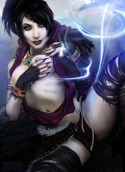 black_hair blue_eyes bracelet breasts dragon_age dragon_age_origins female gloves kassandra_(artist) looking_at_viewer morrigan_(dragon_age) nail_polish nipples pale_skin panties sharp_fingernails solo spread_legs underwear