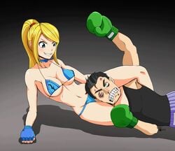 1boy 1girls adapted_costume amonzone assertive_female bikini blood breasts crossover female femdom funny happy_female human injury little_mac male metroid nintendo punch_out samus_aran unhappy_male wrestling year_request zero_suit zero_suit_samus