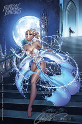 1boy 1girls blonde_hair blue_dress blue_eyes castle cinderella cinderella_(fairy_tales) dissolving_clothes fairy_tale fairy_tale_fantasies fairy_tales female fleeing glass_slipper gloves grimms'_fairy_tales j_scott_campbell jewelry light-skinned_female light_skin male midnight moon moonlight outdoors prince_charming see-through_clothing silhouette underwear