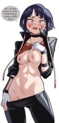 audio_jack black_choker black_eyes black_hair black_jacket blunt_bangs blush boku_no_hero_academia breasts choker clothes_lift clothes_pull commentary crop_top english_commentary english_text facial_mark female fingerless_gloves gloves groin highres jacket jiro_kyoka kyoka_jiro lifting_own_clothes long_earlobes looking_at_viewer medium_breasts my_hero_academia naive navel nico-mo nipples non-monetary_prostitution open_clothes open_jacket open_mouth pants pants_pull prostitution shirt_lift short_hair solo speech_bubble sweat toned