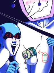 blush chastity_cage chastity_device darkner deltarune dracozhilla duo electronics female for_a_head genitals hand_on_hip hi_res humanoid humiliation larger_male laugh machine male male/female object_head penis penis_humiliation queen_(deltarune) robot screen screen_face screen_head size_difference small_penis small_penis_humiliation television tenna_(deltarune) tv_head undertale_(series)