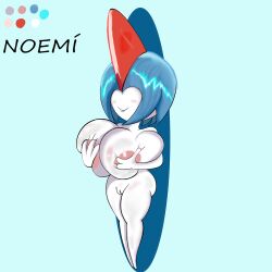 absurd_res anthro ass blue_hair breasts eddiebrije female generation_3_pokemon genitals hair hi_res nintendo nipples not_furry nude pokemon pokemon_(species) pussy ralts shiny_pokemon simple_background solo text vulva white_body