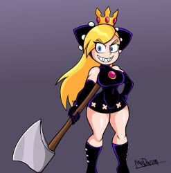 axe big_breasts blonde_female blonde_hair breasts child_bearing_hips crown dress female gloves mario_(series) mrdrezq nintendo pointy_teeth smug_face wapeach