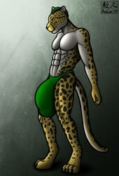 2014 4_toes abs anthro aolun biceps black_hair body_markings bulge cheetah clothed clothing feline fur green_eyes green_hair hair hyper king_cheetah looking_at_viewer male male_only mammal markings muscles paws pecs plain_background pose solo spots thong toes toned topless underwear white_fur yellow_fur