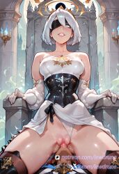 ai_generated android black_blindfold blindfold breasts cunnilingus female halo lewdrune nier:_automata pussy pussy_juice sex spread_legs tongue_out uncensored yorha_2b