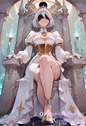 ai_generated android black_blindfold blindfold breasts crossed_legs female halo lewdrune nier:_automata white_hair yorha_2b