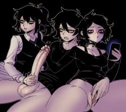 1boy 2025 2d 2d_(artwork) 2girls andrew_graves ashley_graves balls ballsack black_background black_hair bottomless brother brother_and_sister cellphone clothed clothing cock dick erect_penis erection female genital_fluids genitals green_eyes hair half_naked handjob huge_cock human incest lord_moku male masturbation milf mother mother_and_children mother_and_daughter mother_and_son pale-skinned_female pale-skinned_male pale_skin parental_approval partially_clothed penis phone pink_eyes plain_background ponytail pussy renee_graves scrotum short_hair sibling siblings simple_background sister testicles the_coffin_of_andy_and_leyley thighs vagina wet wet_pussy