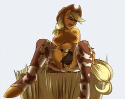 2014 albana-the-dragoness anthro anthrofied applejack_(mlp) blonde_hair breasts closed_eyes earth_pony equine female friendship_is_magic fur gloves hair hat hay horse mammal masturbation my_little_pony nipples open_mouth orange_fur pony pussy pussy_juice saliva smooth_skin solo