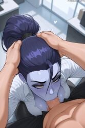 1boy 1girls ai_generated blowjob breasts cleavage female female_focus large_breasts male office_lady oral oral_sex overwatch penis stuffyai thick_thighs thighs wide_hips widowmaker