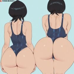 1girl 1girls ai_generated ass ass_focus back back_view backboob black_hair bleach breasts facing_away female female_only from_behind haze911 huge_ass kuchiki_rukia large_breasts light-skinned_female medium_breasts multiple_views one-piece_swimsuit school_swimsuit short_hair simple_background solo thick_thighs thighs wide_hips