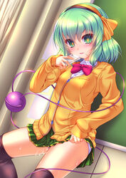 black_legwear blush breasts cellphone female green_eyes green_hair hair_ribbon koishi_komeiji open_mouth panties phone pussy_juice ribbon shiraki_kyousuke short_hair skirt solo thighhighs third_eye touhou underwear