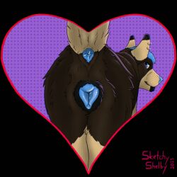 1:1 animal_genitalia animal_pussy animal_vulva anus black_body black_fur blue_eyes blue_hair blue_nose blue_vulva canid canine canine_genitalia canine_pussy canine_vulva dipstick_ears dotted_background ear_markings ear_piercing ear_ring female female_feral feral fur genitals glistening glistening_eyes hair hi_res looking_at_viewer looking_back looking_back_at_viewer mammal mouth_closed multicolored_ears pattern_background piercing presenting presenting_anus presenting_pussy presenting_vulva pussy rear_view ring_piercing short_hair simple_background sketchy_shelby solo tan_body tan_fur vulva