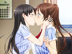 aida_takanobu black_hair blush brown_hair female hikawa_narumi inatori_akira kissing multiple_girls sono_hanabira_ni_kuchizuke_wo yuri