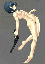 abs black_hair blue_eyes breasts efune_(ef) female firearm gun handgun human kino kino_no_tabi muscle newspaper nude pistol pubic_hair revolver short_hair small_breasts smile solo uncensored weapon