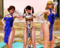 3d 3girls black_hair blonde_hair brown_hair cheongsam chinese_clothes emilie_de_rochefort female female_only honey_select kazama_asuka ling_xiaoyu pelvic_curtain pinup tekken thighs xiaochan99
