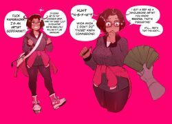1girls artist_self-insert big_breasts breasts brown_eyes brown_hair college-age_tsona_(nyantcha) color commissioning_artist commissioning_kink dialogue disembodied_hand english_text female female_focus female_only fully_clothed glasses hesitant money original pink_background rent simple_background sneakers tan_body text thiccwithaq tsona_(nyantcha) twitter_link wide_hips