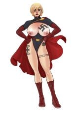 1girls areolae blonde_hair blue_eyes boots breasts breasts_bigger_than_head breasts_out cape corrupted corruption cringe dc dc_comics ear_piercing female female_focus female_only iron_cross kara_zor-l leotard light-skinned_female light_skin lip_piercing lipstick modified_costume nazi nipple_piercing nipples nose_piercing pegasus_(artist) power_girl raceplay racism racist short_hair solo solo_female solo_focus superheroine swastika swastika_tattoo totenkopf
