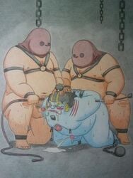 3boys anal blush bondage boner bound chains chubby cum erection fish-men_(one_piece) fishmen forced futonuki gay group group_sex human jinbe male male_only mammal mask nude one_piece oral prison rape saliva sex slave sweat weapon whip yaoi