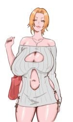 absurdres alternate_hairstyle bag bare_shoulders bleach blue_eyes breasts chain_necklace chains collarbone dzenrei_(dzenrei_art) female female_focus handbag highres jewelry large_breasts lips looking_to_the_side matsumoto_rangiku mole mole_under_mouth navel necklace no_bra orange_hair sagging_breasts simple_background thighs white_background