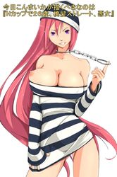 beanie breast_slip breasts bursting_breasts cuffs dress_tug female handcuffs hat hawoku_ishibare large_breasts long_hair nipples one_breast_out original pink_hair prison_clothes purple_eyes solo undersized_clothes very_long_hair