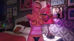 1girls 3d 3d_(artwork) absurd_res absurdres bare_shoulders black_thong blonde_hair bracelets breasts cellphone cleavage emotionless emotionless_female erect_nipples exposed_breasts exposed_tits expressionless fedora female grand_theft_auto grand_theft_auto_v gtapornreal1 high_resolution highres indifference indifferent large_breasts large_tits mature_female necklace no_shorts photos present shorts_removed solo solo_female source_request sunglasses tank_top text thong tinted_eyewear tomboyish tracey_de_santa twintails unbothered uncaring uncaring_female unenthusiastic