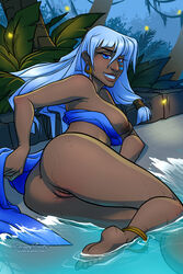 anklet anus artofcarmen ass atlantis:_the_lost_empire barefoot blue_eyes breasts clenched_teeth dark-skinned_female dark_skin disney earrings facial_mark female female_only human kida long_hair looking_at_viewer lying nipples on_side outdoors pussy smile solo water white_hair