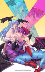 2014 2demons 2girls aqua_hair bare_shoulders bat_wings blush boots breast_grab breast_sucking breasts breasts_out bridal_gauntlets cameltoe capcom closed_eyes clothing darkereve darkstalkers fangs female flat_chest gloves gradient gradient_background hand_between_legs hand_on_head head_wings high_heel_boots high_heels highres incest large_breasts leotard lilith_aensland long_hair morrigan_aensland multiple_girls nipple_suck nipple_tweak nipples open_mouth pantyhose purple_hair saliva short_hair siblings sister sisters sitting small_breasts succubi succubus sweat wings yuri zoom_layer