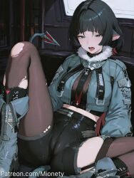 ai_generated animal_ears artist_name black_gloves black_hair black_pantyhose black_shorts black_thighhighs blue_jacket blunt_bangs blush boots breasts cameltoe crop_top cropped_jacket earrings female fur-trimmed_jacket fur_trim gloves green_eyes green_hair green_jacket high-waist_shorts jacket jane_doe_(zenless_zone_zero) knee_up large_breasts long_hair long_sleeves looking_at_viewer midriff mionety mouse_ears mouse_girl mouse_tail multicolored_hair necktie open_clothes open_jacket open_mouth pantyhose pantyhose_under_shorts patreon_username red_hair sharp_tail shirt short_hair short_shorts shorts sidelocks single_leg_pantyhose single_thighhigh sitting smile solo spread_legs tail teeth thighhighs thighs tongue tongue_out torn_clothes torn_pantyhose torn_thighhighs upper_teeth_only zenless_zone_zero
