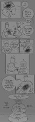 007n7 007n7_(forsaken) 2boys blush body_hair boner_in_pants bulge bulge_through_clothing burningb chubby chubby_male clothed clothing comic_strip dialogue forsaken_(roblox) gay grayscale horns male nervous no_color pubic_hair roblox roblox_game robloxian self_upload shedletsky shedletsky_(forsaken) shirtless staring sweating wounded