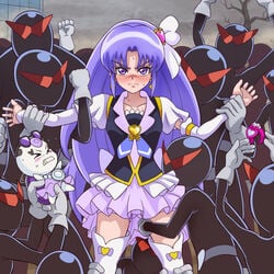 angry arm_warmers blue_background boots clothing cure_fortune female happinesscharge_precure! high_heel_boots high_heels hikawa_iona kabuki-man long_hair magical_girl one_eye_closed precure pretty_cure purple_eyes purple_hair purple_skirt rape skirt stockings thigh_boots thighhighs very_long_hair white_legwear