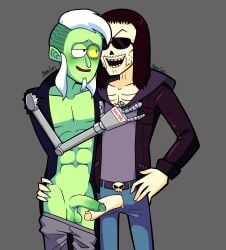 2025 2boys 4_fingers 5_fingers abs balls belt blush brown_hair cartoon_network cartoony cel_shading coat cyborg death_(regular_show) frottage frowning goatee green_body green_skin grey_background hand_on_chest hand_on_hip hoodie hug humanoid itamigao jacket leather_jacket long_ears long_hair long_nose long_sideburns looking_at_another male/male male_focus male_only mechanical_arm mohawk muscular muscular_male no_background non-human open_mouth pants pants_down pecs penis penises_touching pointy_ears regular_show ribs robotic_arm robotic_eye self_upload shirt shirtless sideburns signature simple_background skeleton skull small_pupils standing standing_sex sunglasses supernatural techmo text toony torn_sleeves uncircumcised white_body white_hair yaoi zipper_down