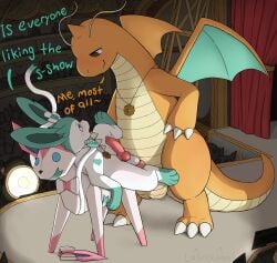 absurd_res anal anal_sex animal_genitalia animal_penis audience balls blush canine_genitalia canine_penis claws curtains dialogue doll dragon dragonite duo eeveelution feral finger_claws generation_1_pokemon generation_6_pokemon genitals group hi_res jewelry laserkitten male male/male mythological_creature mythological_scalie mythology necklace nintendo penetration penis pokemon pokemon_(species) presenting scaffolding scalie sex_doll size_difference stage stage_lights sylveon toe_claws