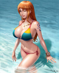 2014 beach bikini bracelet breasts brown_eyes busty cleavage earrings female female_only human iury_padilha large_breasts log_pose long_hair looking_at_viewer nami navel necklace one_piece one_piece_film_z orange_hair parted_lips post-timeskip rainbow_bikini solo swimsuit tattoo voluptuous wading water wink