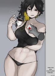 ... abnormality_(project_moon) abs binah binah_(project_moon) bird black_eyes black_hair black_panties blonde_hair breadiwe breasts brzadiwe cg cleavage coffee coffee_mug collarbone cup disembodied_limb earrings english_text female grey_background groin holding holding_cup jewelry large_breasts library_of_ruina lobotomy_corporation long_hair looking_at_viewer mole mole_under_eye multicolored_hair navel panties project_moon punishing_bird spoken_ellipsis strap_slip tank_top two-tone_hair underwear