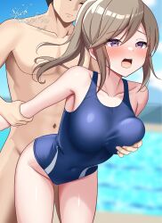 1boy 1boy1girl 1girl arm_grab blush breast_fondling breast_grab breast_grab_from_behind breasts brown_hair from_behind fucked_from_behind highres idoly_pride implied_sex insertion medium_breasts medium_hair pool poolside poolside_sex school_uniform sex shiraishi_saki shirohisame standing standing_doggy_style standing_sex straight_hair swimsuit swimsuit_sex vaginal vaginal_insertion vaginal_penetration vaginal_sex